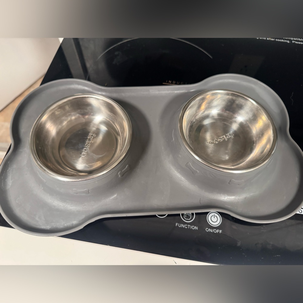 Frisco’s Gray Stainless Steel Pet Bowl and Mat Set